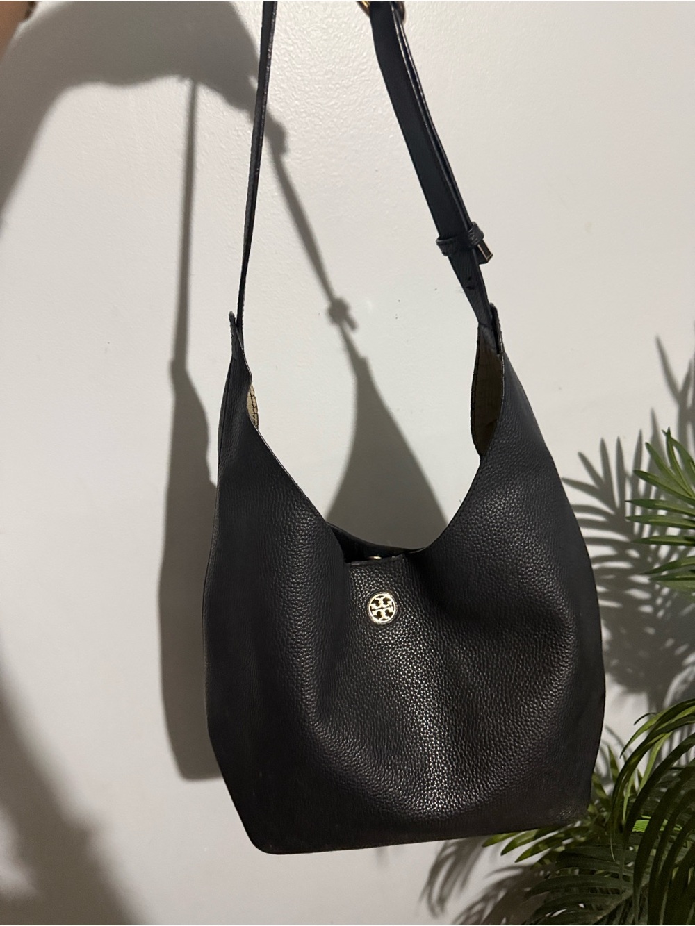 Tory Burch Black Pebbled Leather Shoulder Hobo with Gold Logo